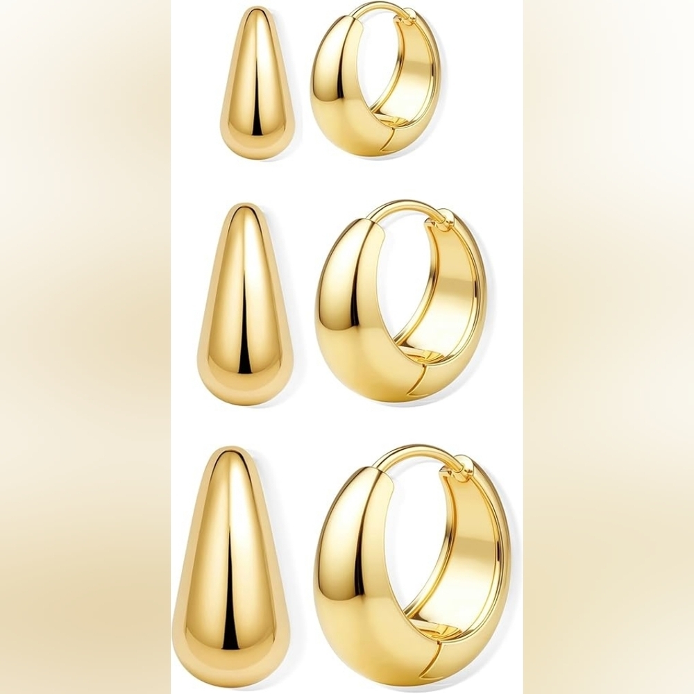 3 Pairs 14K Gold Plated Chunky Hoop Earrings Set